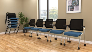 beniia office furniture Arti Multi-purpose mobile nesting chair with blue seat cushion black mesh silver frame stack of 5 and row of 5 chairs hardwood floors modern design beniia.com/artii ChicagoOfficeChair.com