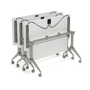 Beniia Office Furniture - Doobi training tables - nesting mobile tables - telescoping frame adjusts to multiple sizes - mid surface supports - cable release mechanism - silver frame with white top surface - beniia.com/doobi - chicagoofficechair.com 